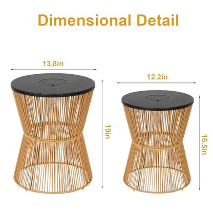HMVPL Solar Outdoor Side Table with Dimmable Light, Patio Side Tables for Outside, Round Outdoor End Tables Set of 2, Plastic Rattan Patio End Accent Table for Poolside Backyard Gazebo, Dusk to Dawn