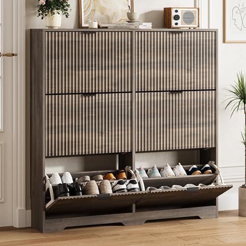 HUANLEGO Shoe Cabinet Storage for Entryway with 6 Flip Drawers, Grey Fluted Shoe Cabinet with Adjustable Shelves, Wooden Hidden Shoe Rack Freestanding Narrow Slim Shoes Storage for Hallway, Entrance - color: Grey, size: 6 Drawer