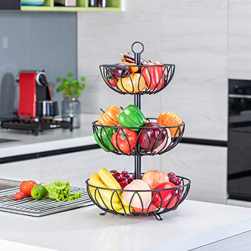 3 Tier Fruit Basket Bowl, Vegetable Organizer, Metal Black | Space-Saving, Home Fruit Rack Stand for Countertop, Storage Bread, Snacks, Fits Under Cabinets - color: 3 Tier