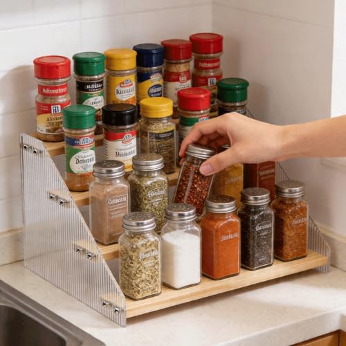 Tiered Spice Rack Organizer for Countertop & Cabinet, 4-Tier 12in Kitchen Seasoning Storage Shelf, Space Saving Standing Spice Organizer, Wooden & Acrylic, Solid Wood - color: Natural Wood, size: 4-Tier 12in