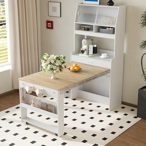 Spaco 2-in-1 Folding Dining Table and Buffet Cabinet Set,Compact Pull-Out Kitchen Table with Wheels,Storage Shelf and Side Hooks,Multifunctional Cupboard for Small Place (White & Oak) - color: White & Oak