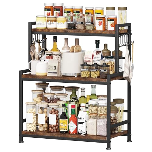23.6"W Large Kitchen Countertop Organizer,3 Tier Spice Rack Organizer with Adjustable Shelf and 10 Hooks,Wooden Counter Organizer,Space Saving Countertop Shelf Microwave Stand for Kitchen,Coffee Bar - color: Vintage, size: Large