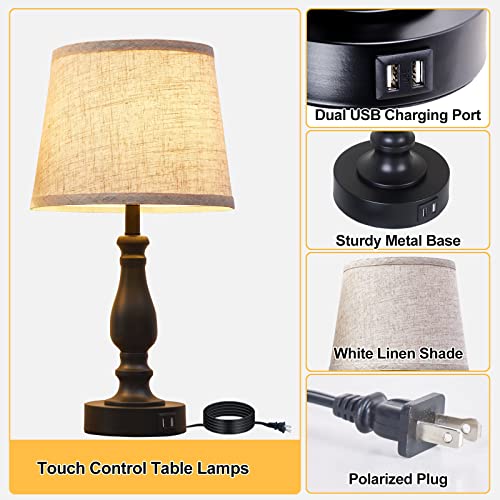 EJIAXIN Table Lamps Set of 2, Bedside Nightstand Lamps with USB Charging Ports,Dimmable Touch with Linen Fabric Lampshade, Modern Small Lamp for Bedrooms, Living Room (Bulbs Included) - color: Beige Shade and Black Base