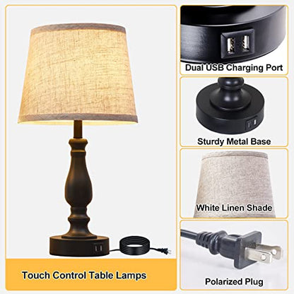 EJIAXIN Table Lamps Set of 2, Bedside Nightstand Lamps with USB Charging Ports,Dimmable Touch with Linen Fabric Lampshade, Modern Small Lamp for Bedrooms, Living Room (Bulbs Included) - color: Beige Shade and Black Base