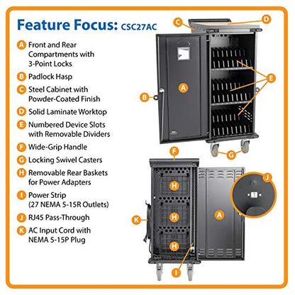 Tripp Lite 27-Port AC Mobile Charging Cart Storage Station for Chromebooks, iPads, Laptops, Tablets, Black (CSC27AC) - size: 27 AC Port, style: Cart