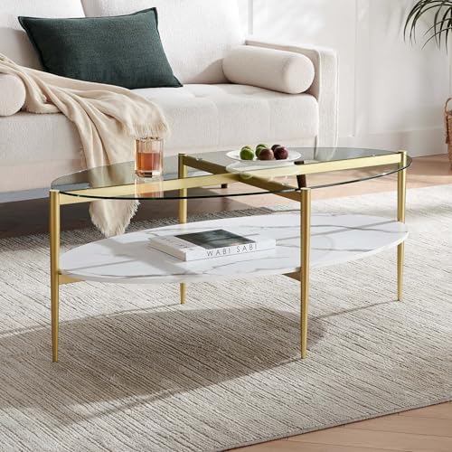 LumFurn Oval Glass Coffee Table, Mid-Century Modern Design, L43 x W22 x H17 inch, Surfboard Shaped Clear Glass Top and White Marble Finish Wood Shelf, Tapered Legs with Gold Finish Frame - color: Clear & White Marble, size: L43" Surfboard Coffee Table