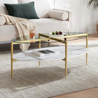 LumFurn Oval Glass Coffee Table, Mid-Century Modern Design, L43 x W22 x H17 inch, Surfboard Shaped Clear Glass Top and White Marble Finish Wood Shelf, Tapered Legs with Gold Finish Frame - color: Clear & White Marble, size: L43" Surfboard Coffee Table