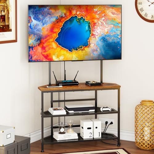 23" to 60" Floor Corner TV Stand For Bedroom With Mount, Universal Corner TV Desk Table With Storage Shelves For Bedroom Small Space,Rustic Television Stands Desk,Heavy Duty Structure,Adjustable Feet - size: 11.8"*31.5"*49.6" (With Cut Corners)