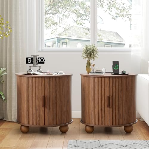 24" Fluted Round Nightstand Set of 2, Mid-Century Large Wooden End Table with Charging Station, Farmhouse Storage Side Table with Sliding Door for Bedroom Living Room (2XRound, Walnut) - color: Walnut, size: 24"-Round