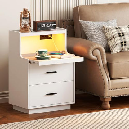 Yusong LED Nightstand Bedside Table with Charging Station 2 Drawers, Modern Sofa Couch End Side Table with LED Lights and Pull-Out Shelf for Bedroom, White - color: White 003