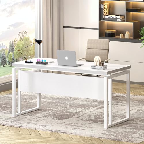 EXCEFUR White Computer Desk, Simple Wood and Metal Home Office Desk, Modern Study Writing Table Workstations for Living Room Bedroom, 53 Inch - color: White