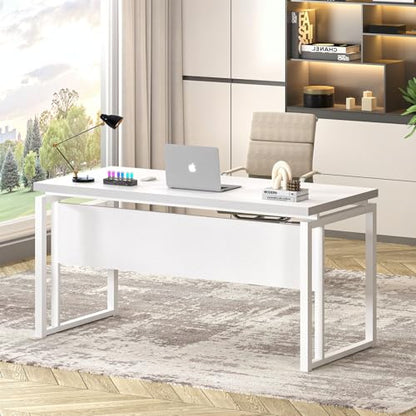 EXCEFUR White Computer Desk, Simple Wood and Metal Home Office Desk, Modern Study Writing Table Workstations for Living Room Bedroom, 53 Inch - color: White