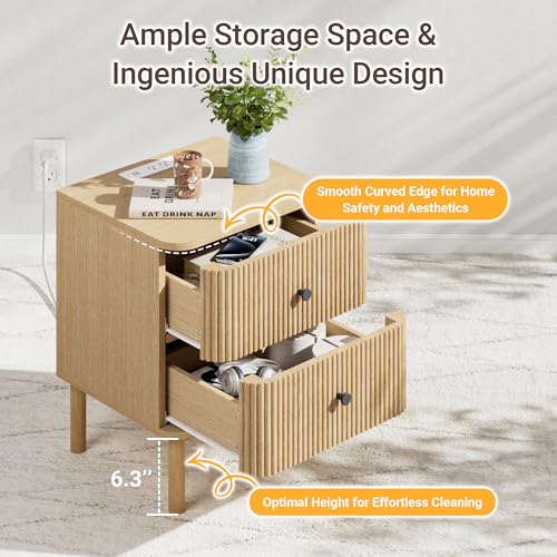 Fluted Nightstand Set of 2 with Charging & Rounded Drawer Fronts | 18in Wide, Bedroom, Natural Oak, FSC-Certified MDF, Solid Wood Legs, 2 Drawer, Metal Knobs, Bedside Table, End Table, Modern - color: Natural Oak - Rounded Drawer, size: 18"W