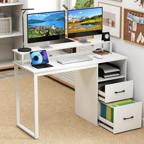 Giantex 48 Inch Computer Desk with Power Outlets & File Drawer, Home Office Desk with Monitor Stand, Gaming Desk with Storage Shelf, Modern Study Work Writing Table for Bedroom, Small Spaces, White