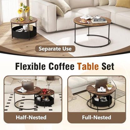Tangkula Round Nesting Coffee Table Set of 2, Wooden Center End Table with Fabric Storage Basket & Metal Frame, Stacking Side Table for Apartment, Living Room & Bedroom (Rustic & Black) - color: Rustic & Black