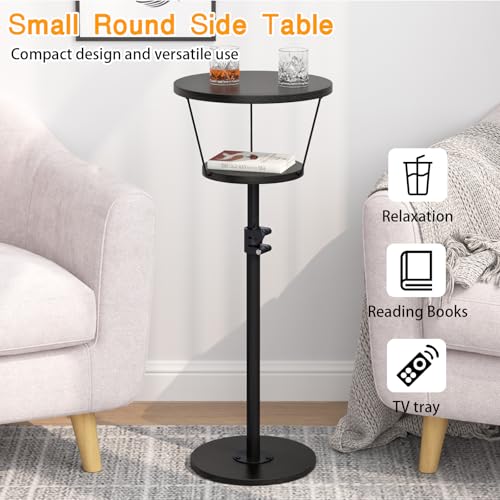 Small Side Table, 2 Tier Drink Table, Height Adjustable Round End Table, Pedestal Side Table for Small Spaces in Living Room, Bedroom, Black - color: Black-2 Tier