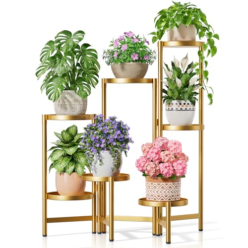 Stand Plants Gold, 7 Tiered Corner Plant Stand Indoor Outdoor, Tall Folding Rack with Rust Proof 7.9 Inch Wide Tray, Heavy Duty Flower Shelf for Multiple Plants for Patio - GoldDisk - color: GoldDisk, size: 7-tiers