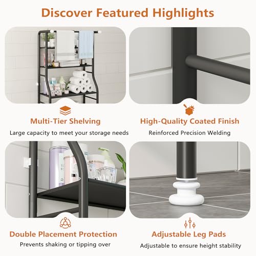 UDEAR 3-Tier Over The Toilet Rack,Bathroom Shelf Space Saver,Corner Stand Storage Organizer Accessories,the Washing Machine,with Hanging Rod,Tower Shelf,Black