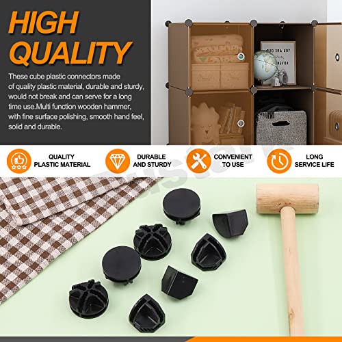 91Pcs Black Wire Grid Cube Connectors with Zip Ties and Wooden Hammer, Cube Storage Connectors Foot Connectors for Cube Storage Modular Closet Storage Organizer and Wire Shelving