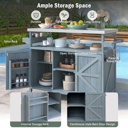 Merax 50" Outdoor Kitchen Grill Cart Island on Wheels with Stainless Steel Top,Farmhouse Style Solid Wood Frame Storage Cabinet - color: Grey Blue