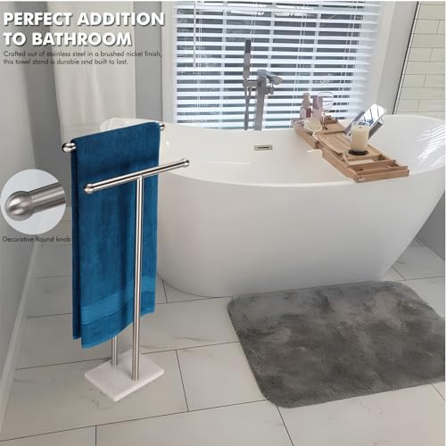 WAYDELI Standing Towel Rack Double-T Shape Tall Bath Towel Sheet Holder with Marble Design Base for Bathroom 2 Tier Towel Holder Stand Stainless Steel (Brushed Nickel) - color: Brushed Nickel