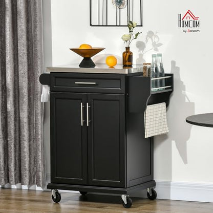 HOMCOM Kitchen Island on Wheels, Rolling Kitchen Cart with Stainless Steel Countertop, Drawer, Towel Rack and Spice Rack, Utility Storage Trolley, Black - color: Black