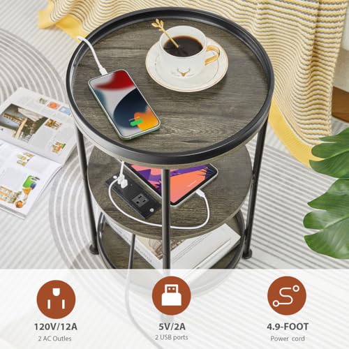 Dulcii Round Side Table with Charging Station, End Table with 3 Shelves for Living Room, Bedroom Nightstand with Steel Frame for Small Spaces, Industrial Round Sofa Table (USB+Grey) - color: Grey, style: With Outlets