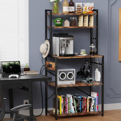 Cheersstar Bakers Rack with Power Outlet - Microwave Oven Stand 5 Tiers, Kitchen Storage Shelf Rack with 6 S-Shaped Hooks, Coffee Bar Cabinet for Kitchen, Entryway, Living Room, Rustic Brown