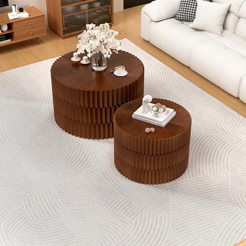 Round Nesting Coffee Table Set of 2 Modern Fluted Coffee Table Walnut Round End Table Small Side Table Circular Coffee Tables Circle Nested Coffee Tables for Living Room (Brown Large) - color: Brown Large