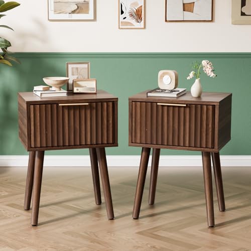 VINGLI Night Stand Set 2, Fluted Nightstands with Drawer, Mid Century Modern Nightstands Set of 2, Bedside Table, End Table, Wood Nightstand for Bedroom, Walnut, 15.75" W*11.81" D*21.85" H - color: Walnut, size: 15.7"W-1 Drawer