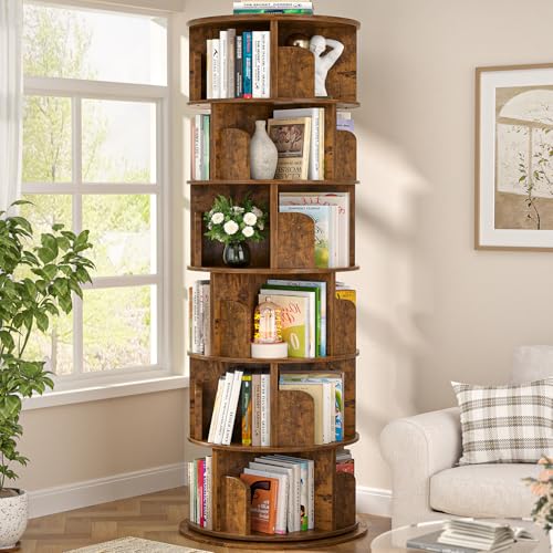 Aheaplus 6 Tier Rotating Bookshelf, Wood Spinning Bookshelf Tower, Round Revolving 360 Bookcase, Narrow Turning Book Shelf Rolling Corner Organizer for Small Space, Bedroom, Office, Rustic Brown - color: Rustic Brown, size: 6-Tier