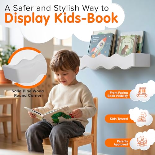 Ovalo Nursery Book Shelves Set of 2 - Solid Pine Wood Nursery Bookshelf, Floating Nursery Shelves for Wall, Wall Bookshelf for Kids Room, No-Assembly Wall Mounted Baby Book Shelf. (White) - color: White