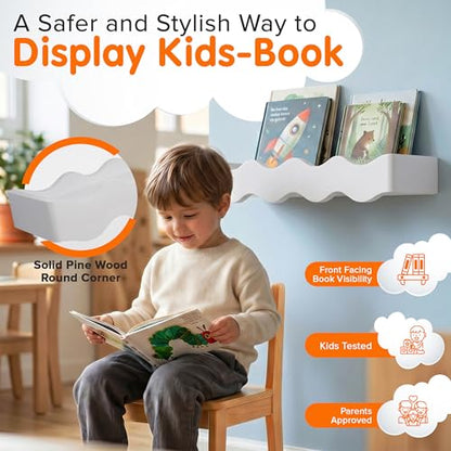 Ovalo Nursery Book Shelves Set of 2 - Solid Pine Wood Nursery Bookshelf, Floating Nursery Shelves for Wall, Wall Bookshelf for Kids Room, No-Assembly Wall Mounted Baby Book Shelf. (White) - color: White