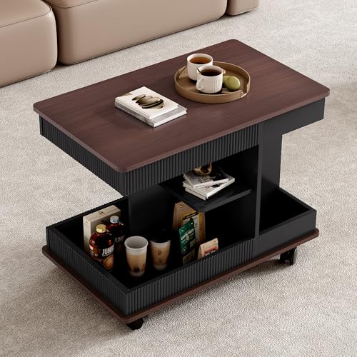 Merax Adjustable End Table with Wheels, Modern Multifunctional Sofa Side Table with Lift-Top, 360°Rotating Top and Storage Space for Living Room, Small Space, Black+Brown - color: Black+brown