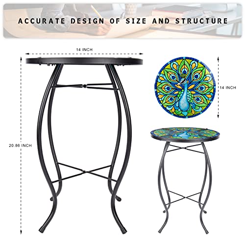 MUMTOP Outdoor Side Table - Small Mosaic Patio Tables, 14” Round Accent End Coffee Glass Plant Stand for Garden Living Room(Peacock) - color: G-peacock