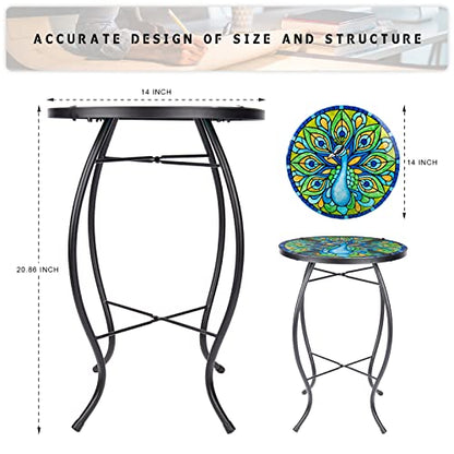 MUMTOP Outdoor Side Table - Small Mosaic Patio Tables, 14” Round Accent End Coffee Glass Plant Stand for Garden Living Room(Peacock) - color: G-peacock