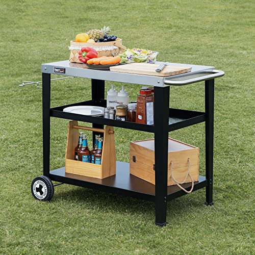 Royal Gourmet PC3404S Rolling Dining Table with Trash Bag Holder, Outdoor Garden Patio BBQ Kitchen Food Prep Table Cart, 34"L x 20"W Stainless Steel Tabletop, Silver & Black | 34"L x20"W Stainless Steel Tabletop | with Removable Trash Bag Holder | Outdoor