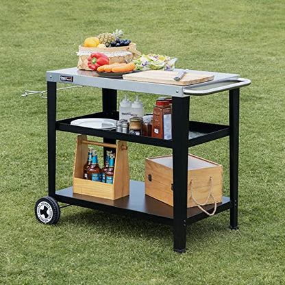 Royal Gourmet PC3404S Rolling Dining Table with Trash Bag Holder, Outdoor Garden Patio BBQ Kitchen Food Prep Table Cart, 34"L x 20"W Stainless Steel Tabletop, Silver & Black | 34"L x20"W Stainless Steel Tabletop | with Removable Trash Bag Holder | Outdoor