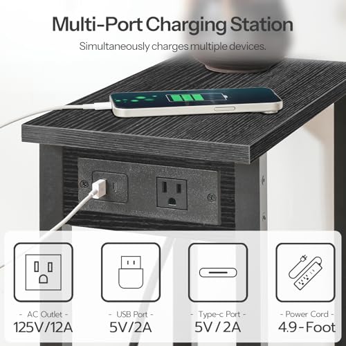 HOOBRO Small End Table with Charging Station, Narrow Side Table with USB Port and Outlets, Skinny Sofa Table, Slim Nightstand, Living Room, Bedroom, Black BK240UBZ01 - color: Black, size: 7.9"L x 15.7"W x 22.6"H