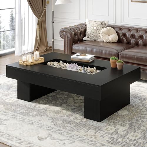 LVB Black Coffee Table, Modern Wood Led Living Room Table with Storage, Unique Large Wide Rectangle Center Table with LED Light, Contemporary low Tea Table for Bedroom Home Office, 47.24 In, Black Oak - color: Black Oak