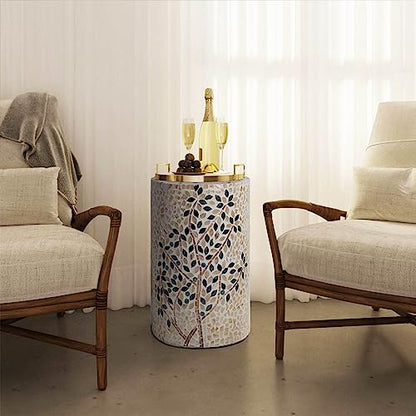 PEMAR Mother of Pearl Cylinder Drum End Table Nacre Side Stool Round Accent Table Coffee Bedside Nightstand and Vanity Stool Olive Tree 13" Diameter x 19.3" High - color: Olive Tree