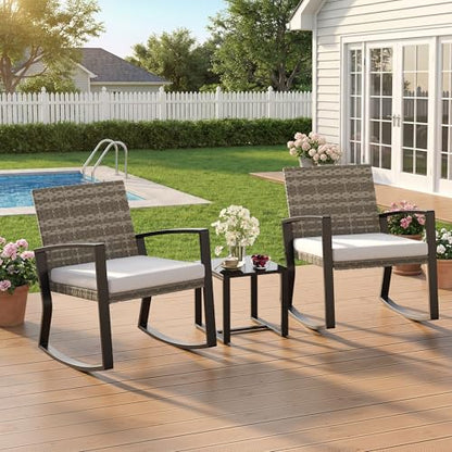Qsun 3 Pieces Outdoor Patio Furniture Set Rocking Bistro Set, Outdoor Patio Furniture Set with Coffee Table for Garden Balcony Backyard Poolside (Light Grey Cushion) - color: Light Grey