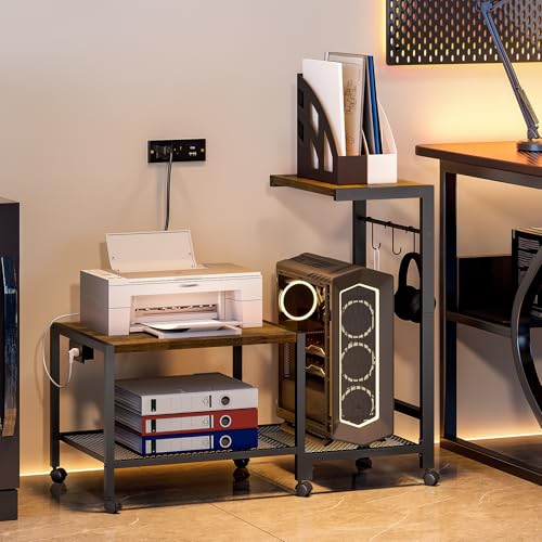 RALGEND Printer Stand with Computer Tower Stand, 2-in-1 Mobile Printer Table Under Desk PC Shelf, 2-Tier PC Tower Stand for Floor, Detachable CPU Holder Cart with Charging Station & Lockable Wheels