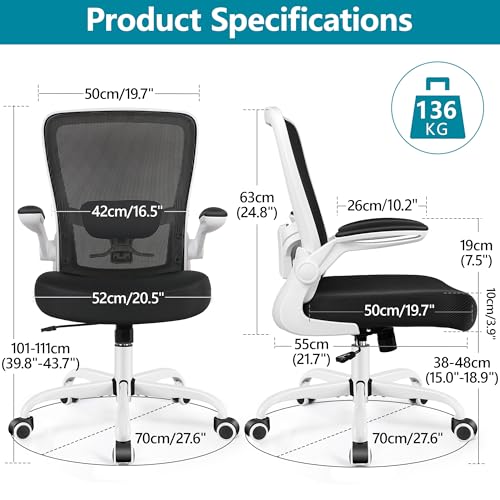 FelixKing Office Chair, Ergonomic Desk Chair Breathable Mesh Chairs Adjustable High Back Lumbar Support Flip-up Armrests, Executive Rolling Swivel Comfy Computer Chairs Home Office White - color: White