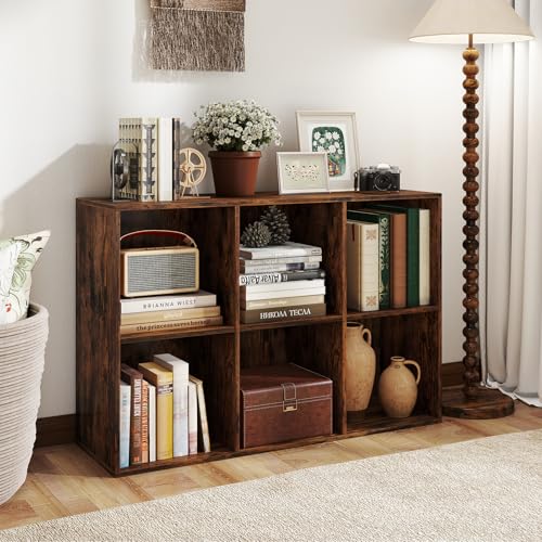 Giantex 6-Cube Bookcase, 3-Tier Cubby Bookshelf, Horizontal Vertical Display Rack with Anti-Tipping Kits, Modern Storage Organizer Shelf Unit for Living Room, Home Office, Rustic Brown | Horizontal Vertical Display Rack with Anti-Tipping Kits, Modern Stor