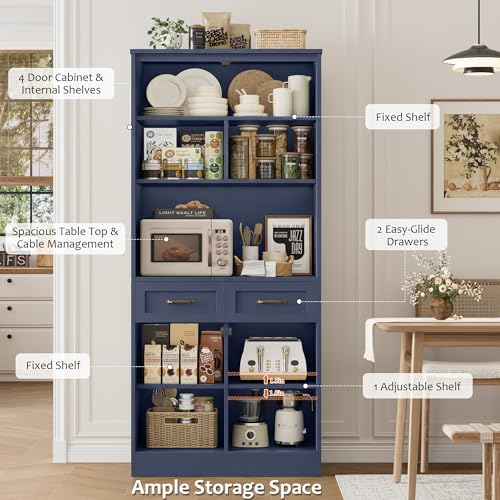 HOSTACK 71" Tall Kitchen Pantry Storage Cabinet, Wood Kitchen Hutch, Blue | Modern Pantry Cabinet with Microwave Stand, Hutch Cabinet with Countertop & Drawers, Storage Cabinet for Living Room - color: Blue + Bronze Handles