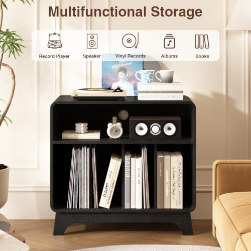 RowyPoey Large Record Player Stand, 31.5" Curved Turntable Stand, Black | Vinyl Record Storage, Mid Century Modern, Wood Record Holder Cabinet, Stereo Media Shelf for Living Room, Bedroom, Office
