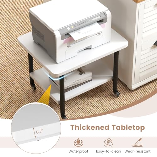 Tangkula Printer Stand with Storage, Under Desk Printer Table with 4 Wheels & Locking Mechanism, 2-Tier Rolling End Table Storage Rack for Bedroom, Living Room, Study - color: White