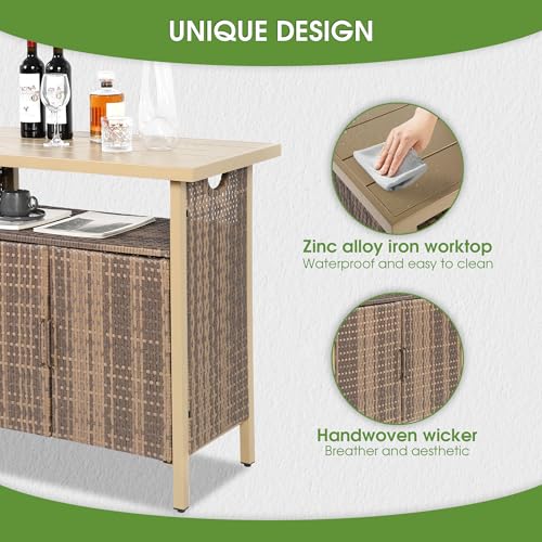 HOMEFUN Outdoor Bar Table with Storage Cabinet Patio Serving Carts on Wheels Wicker Grill Cart Prep Station Rolling Kitchen Island for Outside Backyard and Patio, Brown - color: 03-beige