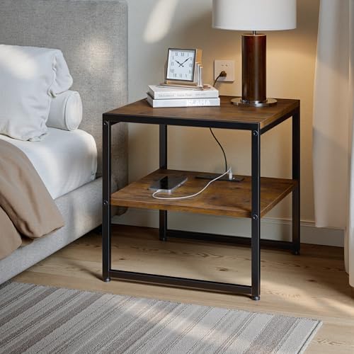 Tatub 20IN Rustic Brown End Table with Charging Station & USB Ports Outlets | Versatile Mini Fridge Table Printer Stand Nightstand for Bedroom Living Room - color: Rustic Brown